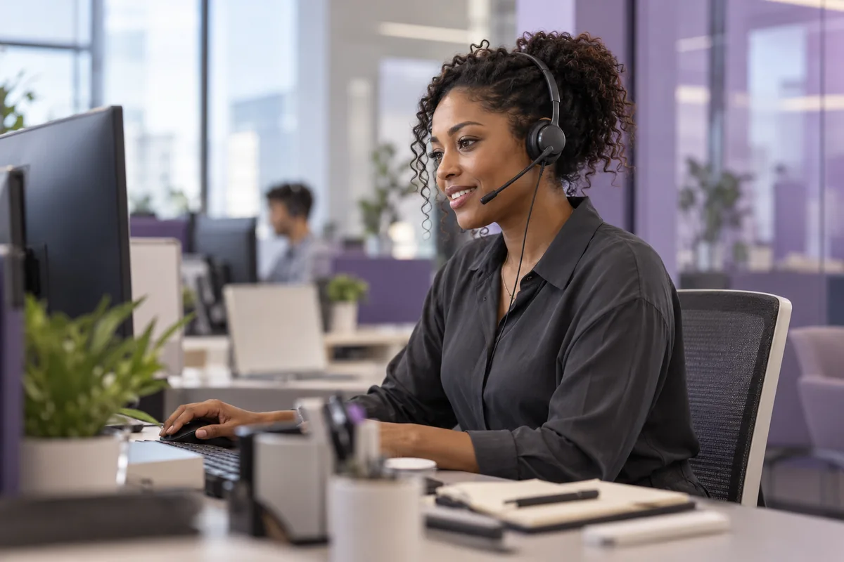 An IT technician wearing a headset helps a customer from her workstation.