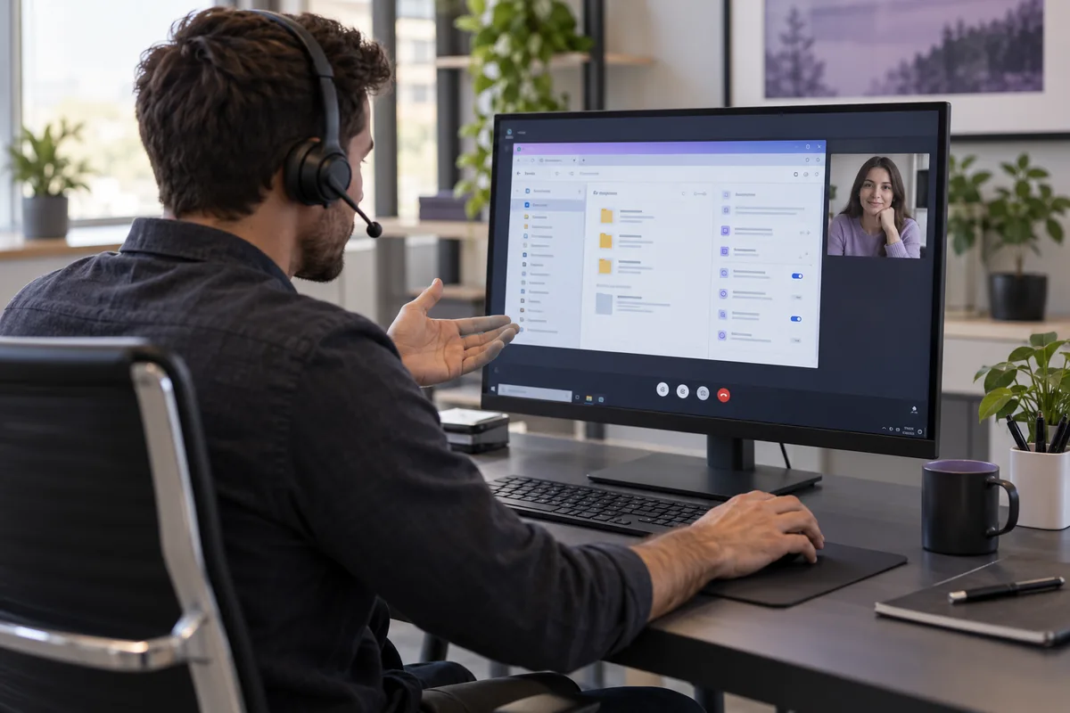 An IT specialist guides a colleague through a shared screen during a remote support call.